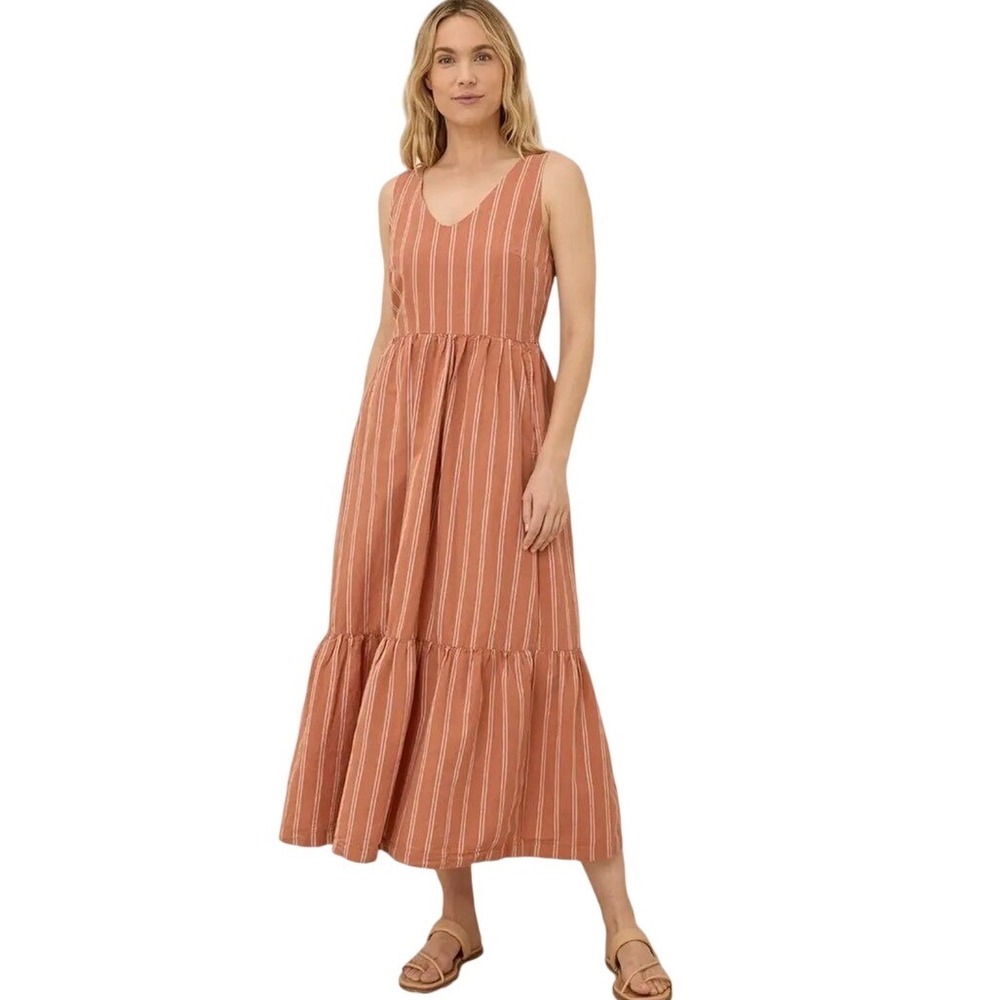 Pact Organic Cotton Linen Blend Striped Tank Maxi Dress Pockets Small